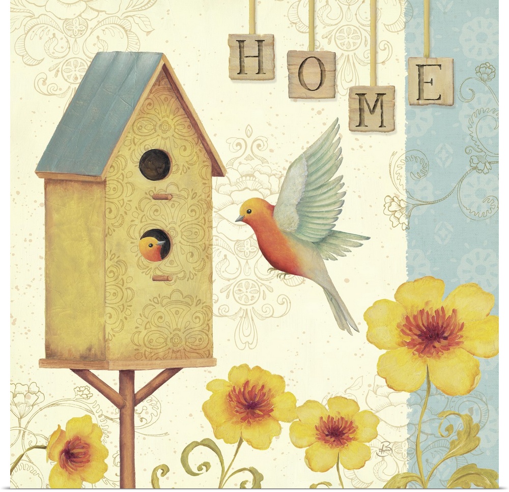 Two songbirds with a bird house and yellow flowers underneath.