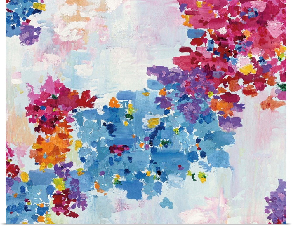 Colorful painting of blue and pink flowers.