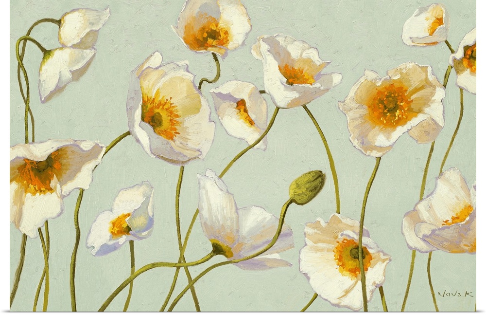 Contemporary painting of a group of poppies on long thin stems, intertwined against a pale background.