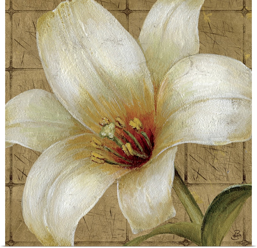 Up-close painting of lily with square stone tile background.