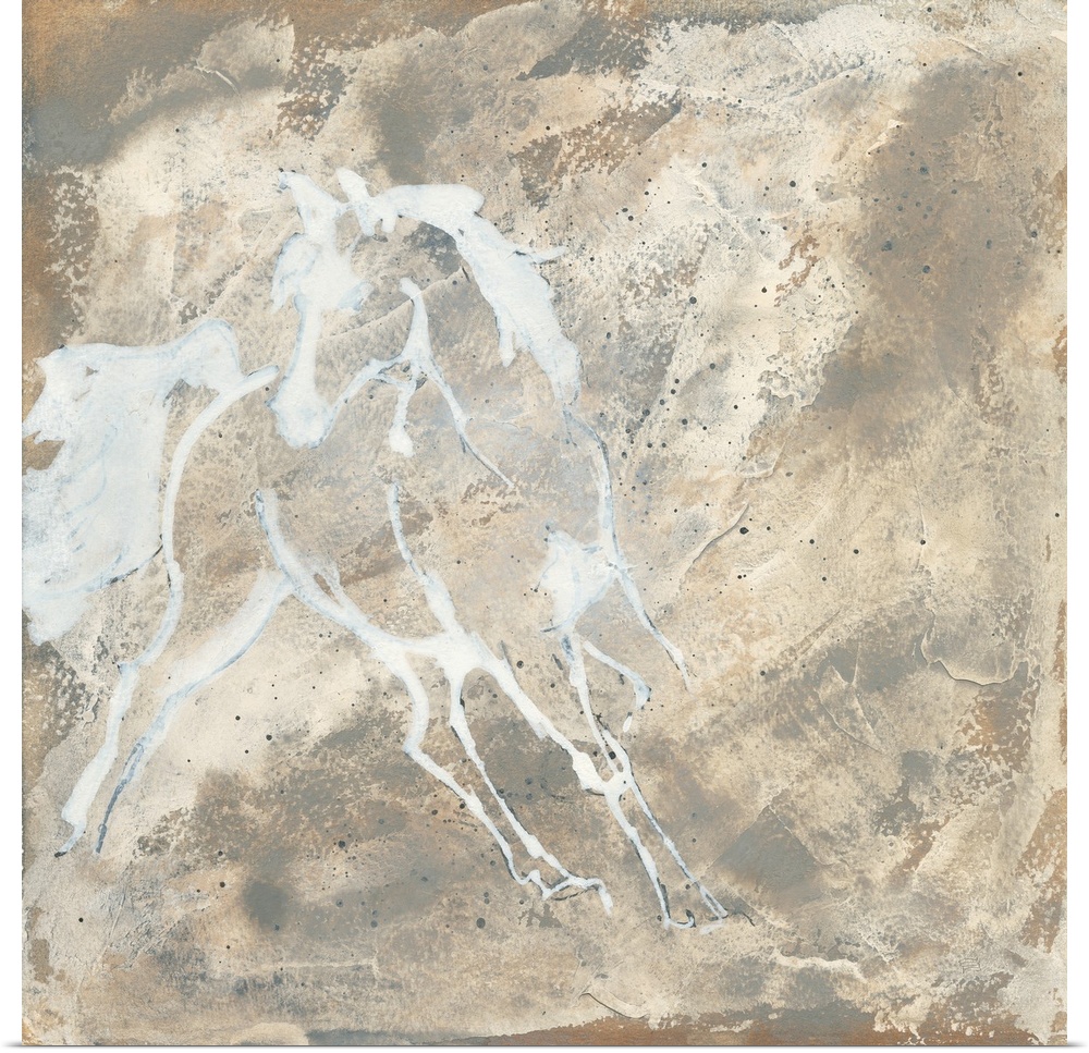 Contemporary artwork featuring a white outline of a horse galloping over a beige abstract background.