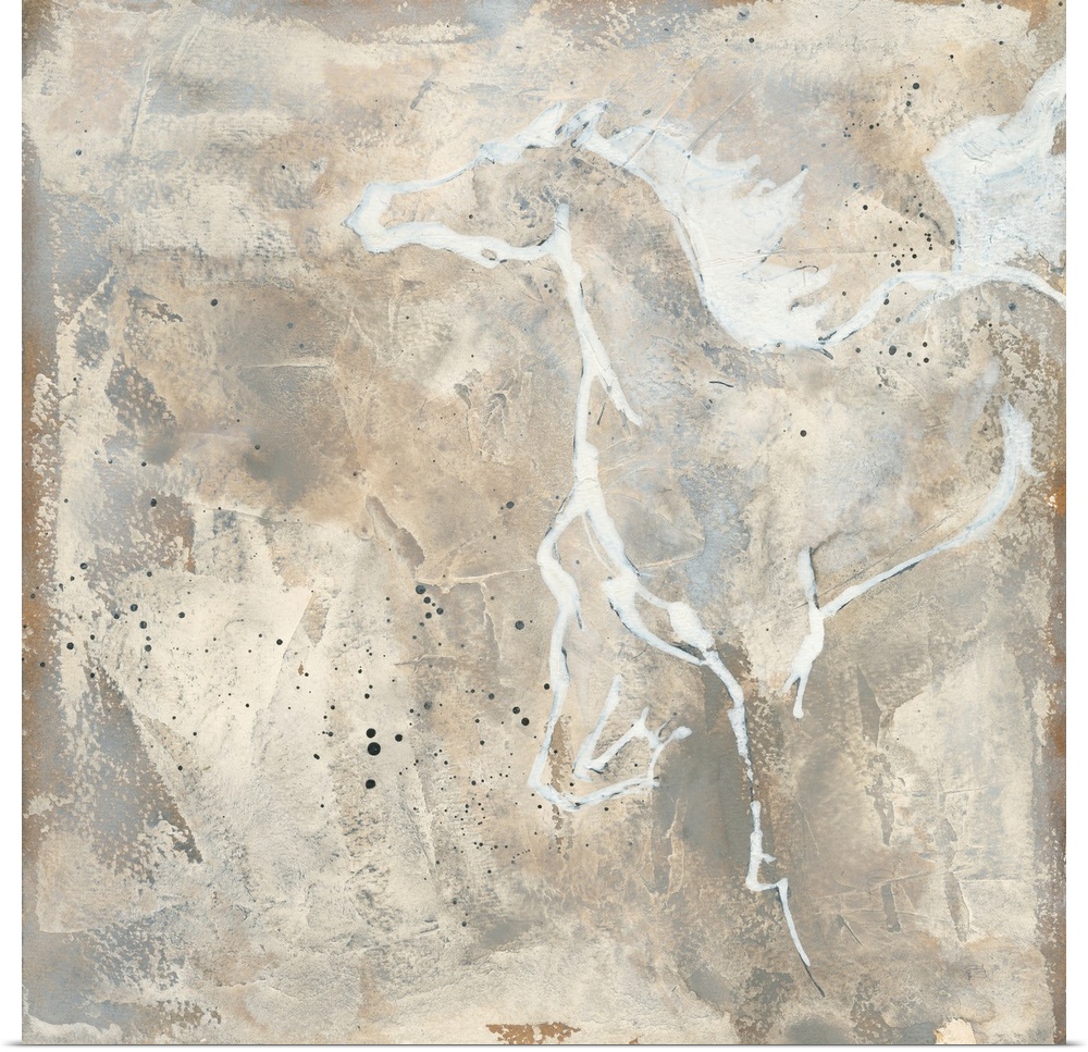 Contemporary artwork featuring a white outline of a horse galloping over a beige abstract background.