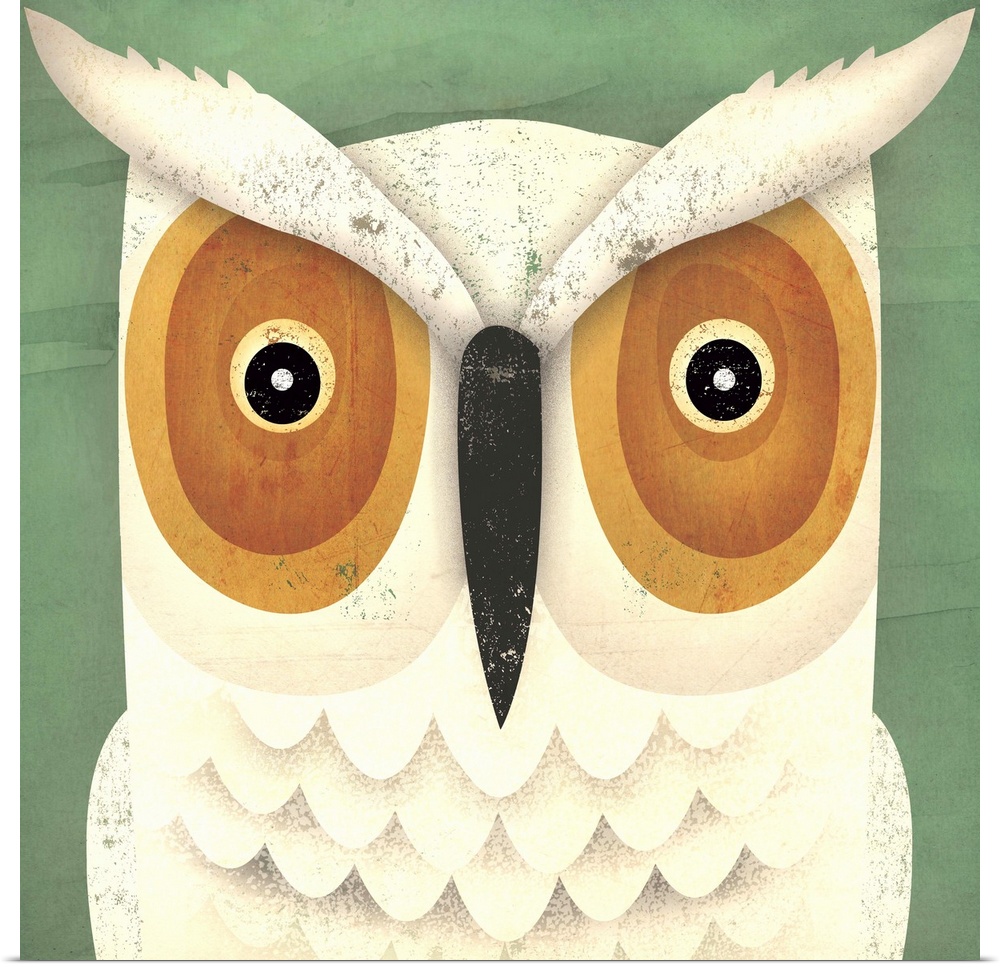 Contemporary artwork of a white owl with an intense gaze in its eyes.