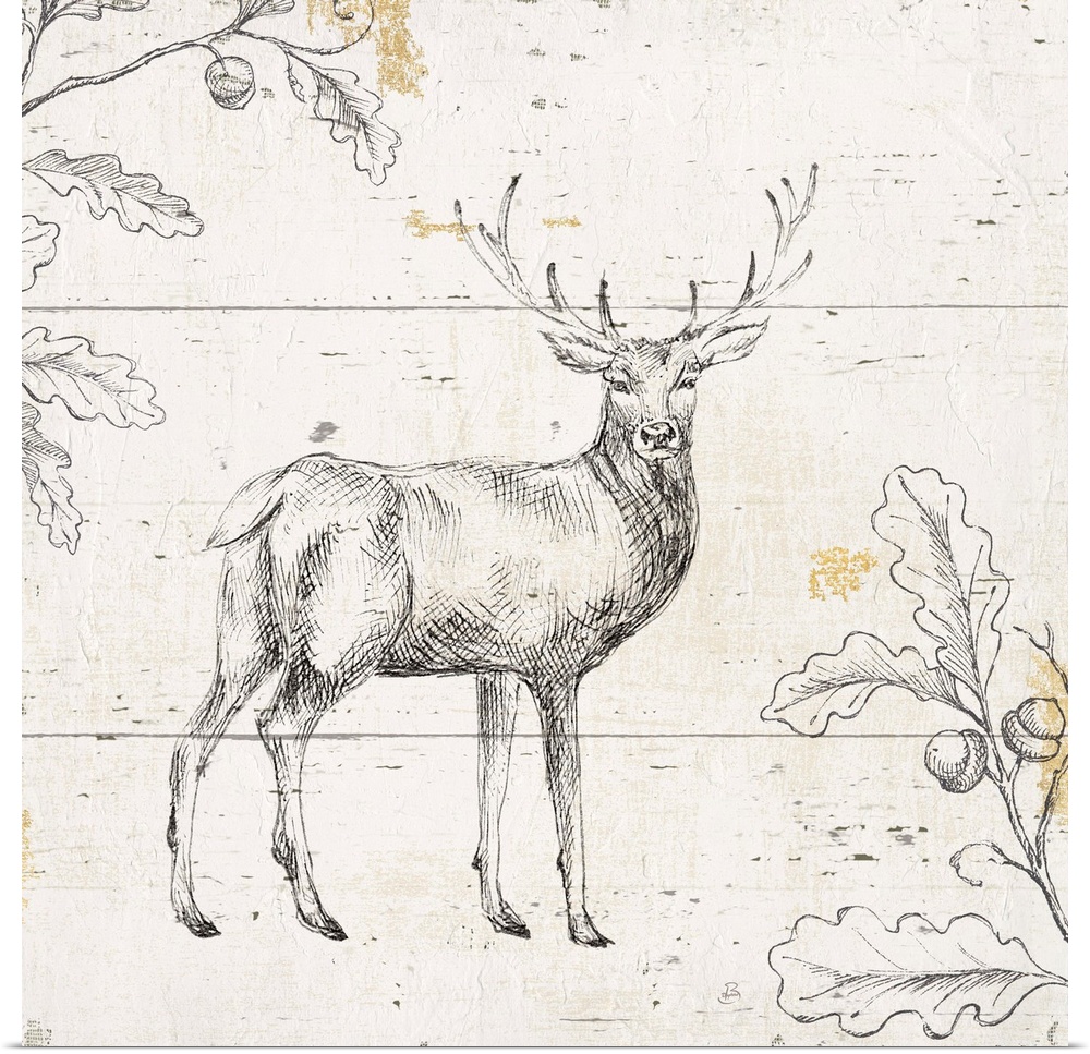 Black and white sketch of a deer and leaves on a distressed wood paneled background with hints of gold.