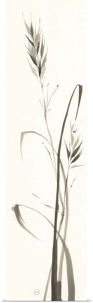 Tall, rectangular watercolor painting of wild grass in black and white.