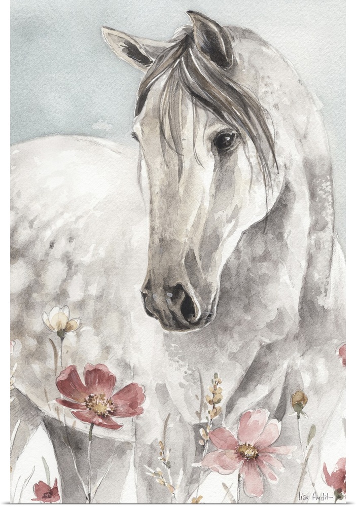 Contemporary watercolor artwork of a white horse in a field of wildflowers.