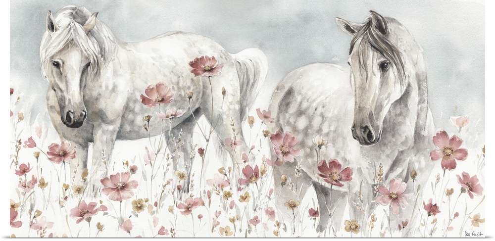 Contemporary watercolor artwork of two white horses in a field of wildflowers.