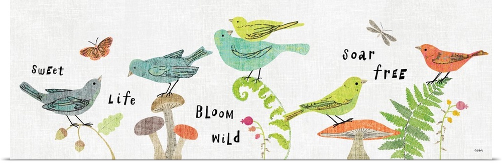 Panoramic illustration of birds, flowers, ferns, and mushrooms with words written all around, "Sweet, Life, Bloom, Wild, S...