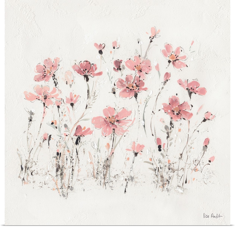Contemporary artwork of pink wildflowers sprouting from a textured white background.