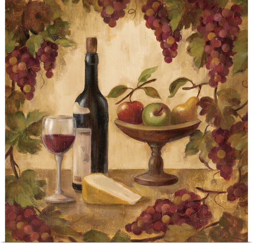 Grapes on the vine act as a border to fruit, wine and cheese that are drawn in the middle of the print.