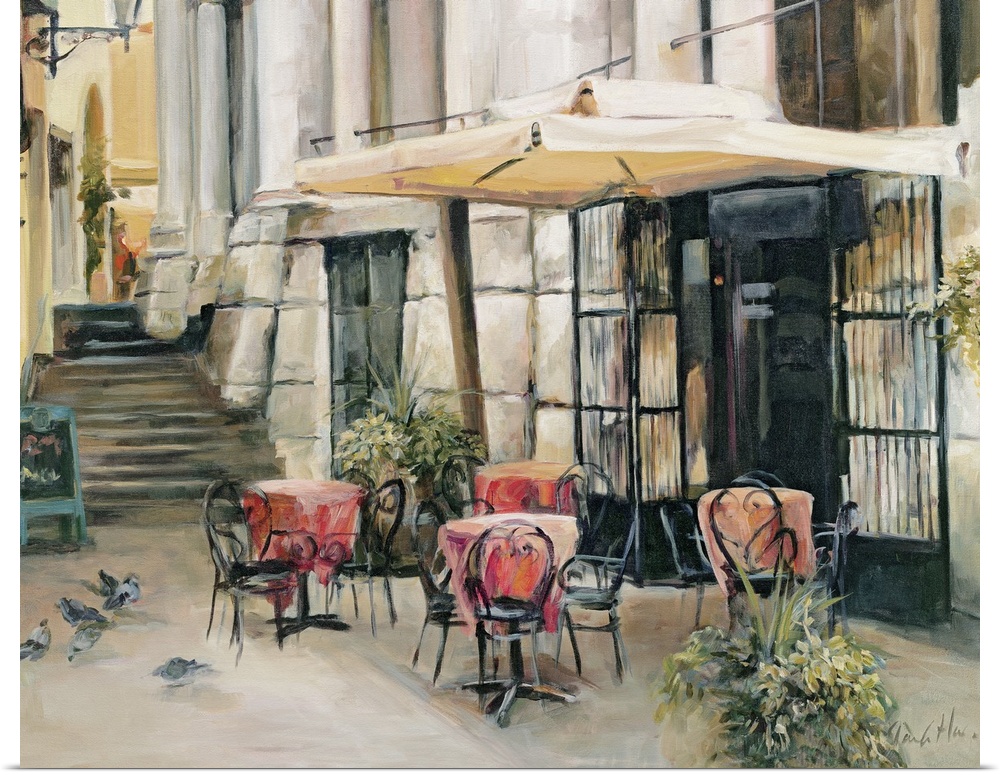 Contemporary painting of a four sets of tables and iron chairs under an awning in front of a cafo in Italy.
