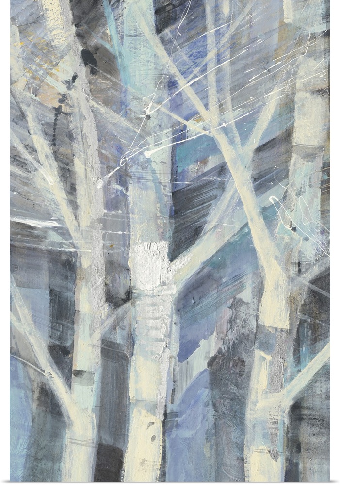 Contemporary painting of white trees against a multi-toned blue background.