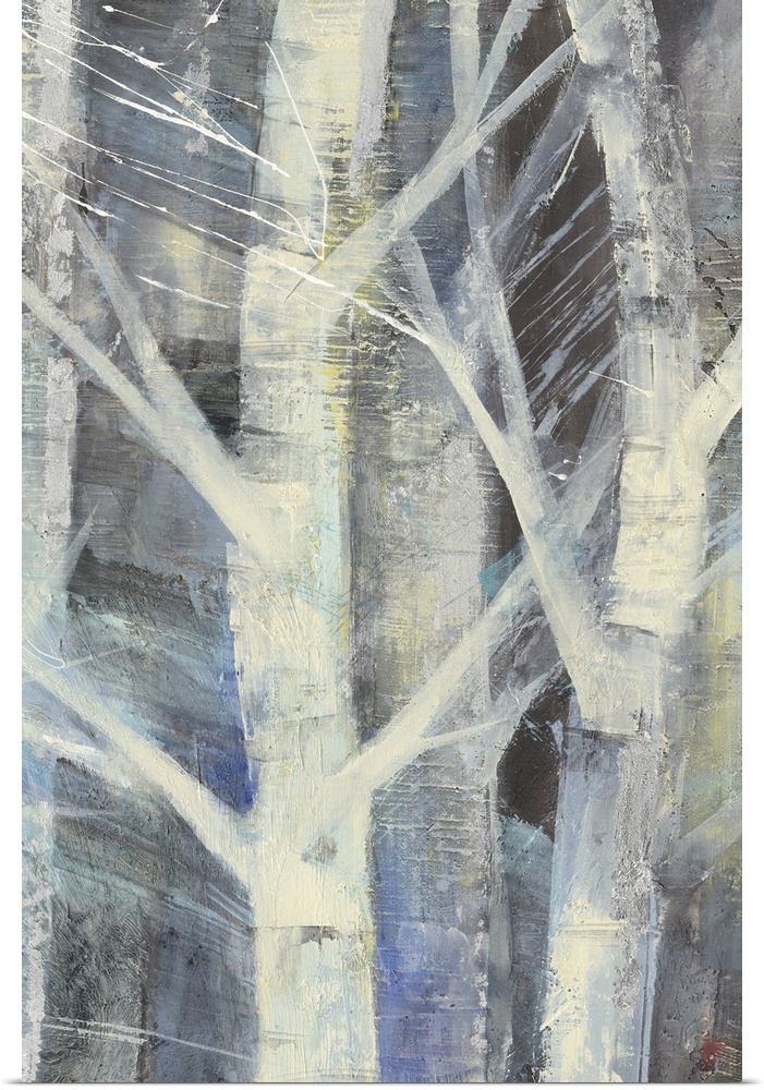 Contemporary painting of white trees against a multi-toned blue background.