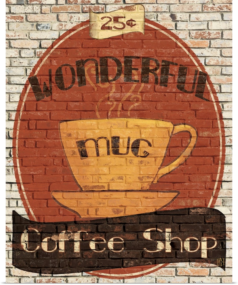 Digital art that depicts an old type coffee shop ad on the side of the brick building with a coffee mug with steaming coff...