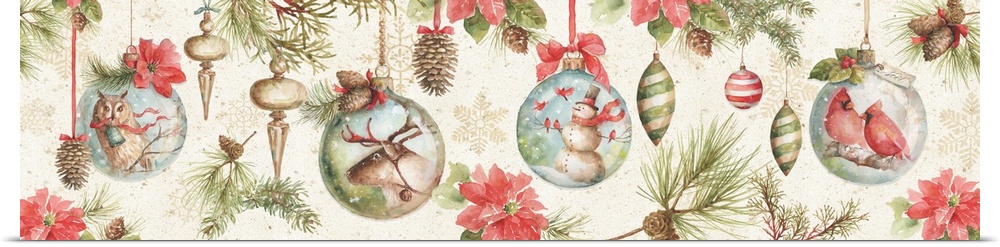 Decorative design of a variety of holiday ornaments on a neutral beige backdrop with snowflakes.