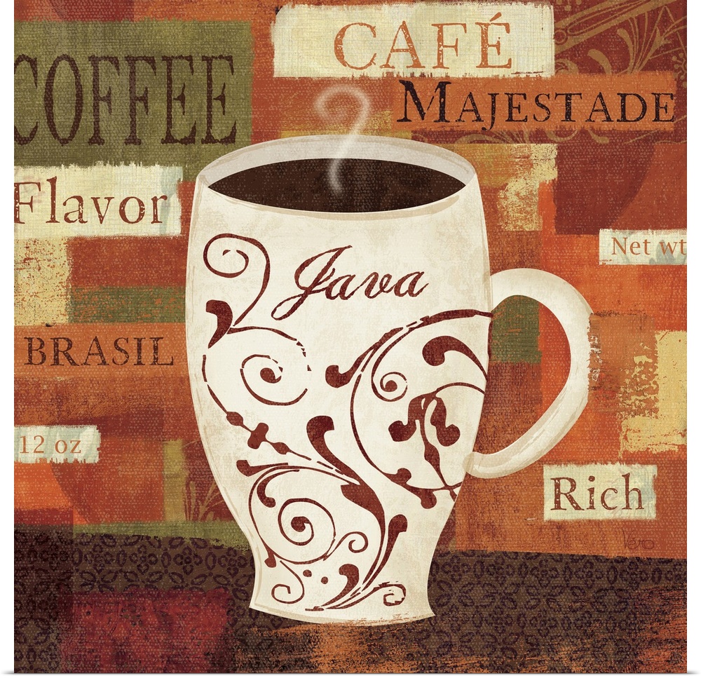 Canvas painting of a large cup of steaming coffee with blocks of color with words that describe coffee in the background.
