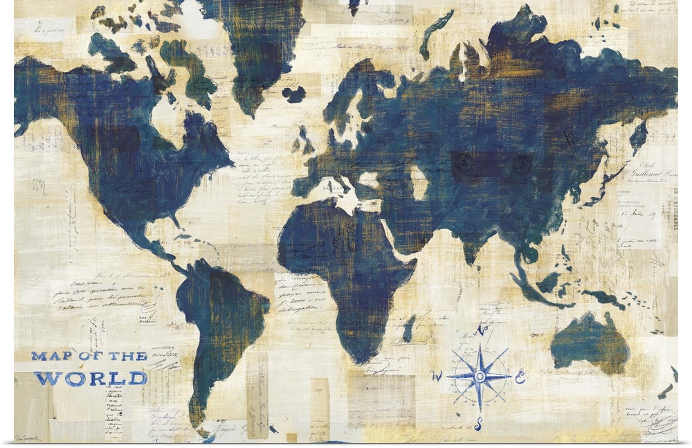 Mixed media map of the world in navy blue.