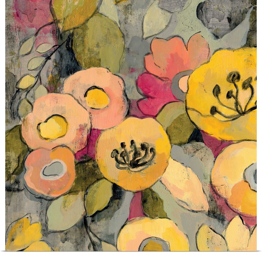 Contemporary painting of colorful flowers.