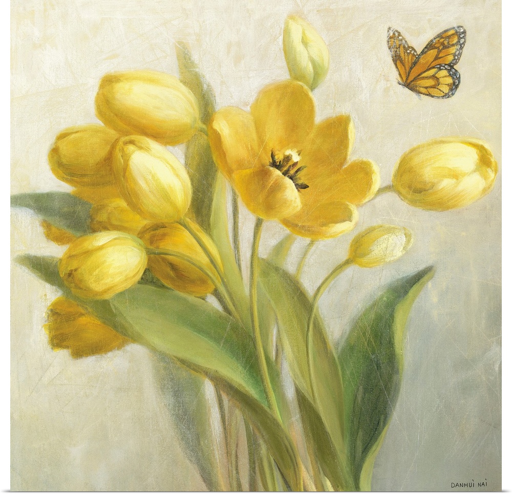 Painting of brightly colored flower buds and one blossomed flower with a butterfly approaching it.