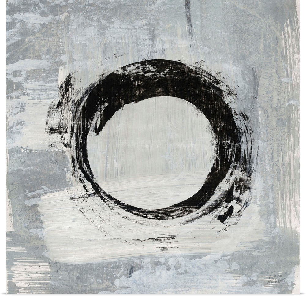 Square abstract painting of a bold, black circle on a gray and white background.