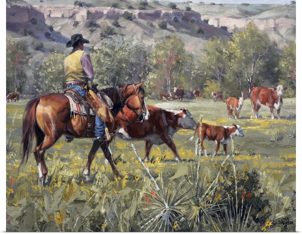 This contemporary artwork of a cowboy and his cattle reminds one of the simple times during yesteryear.