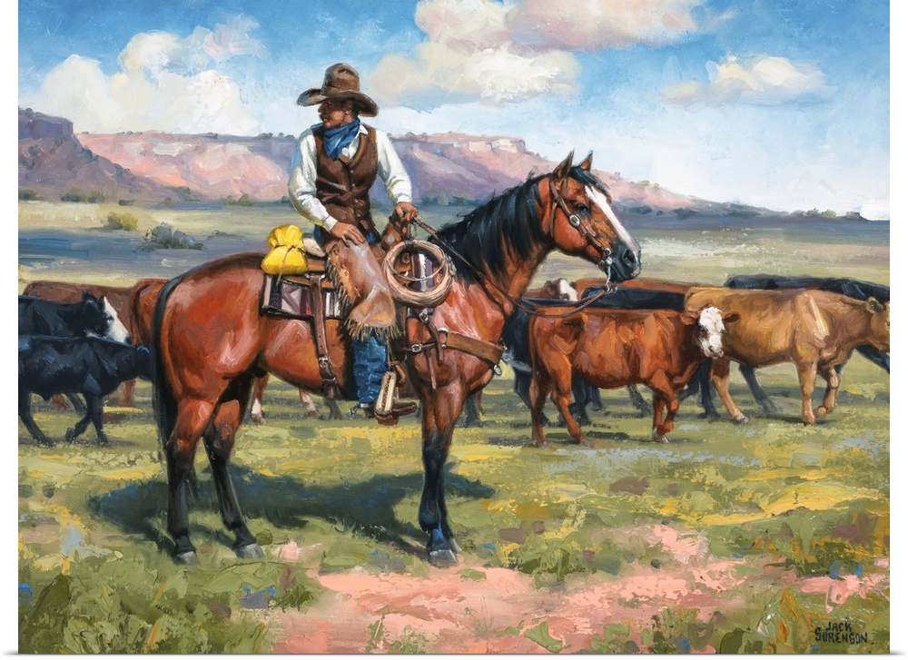 Contemporary Western artwork of a cowboy on his horse and a herd of cows.