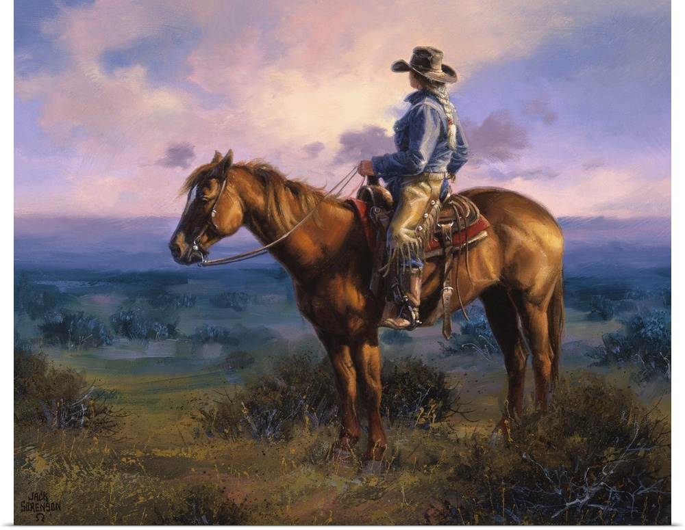 Contemporary Western artwork of a cowboy on his horse in the glow of the setting sun.