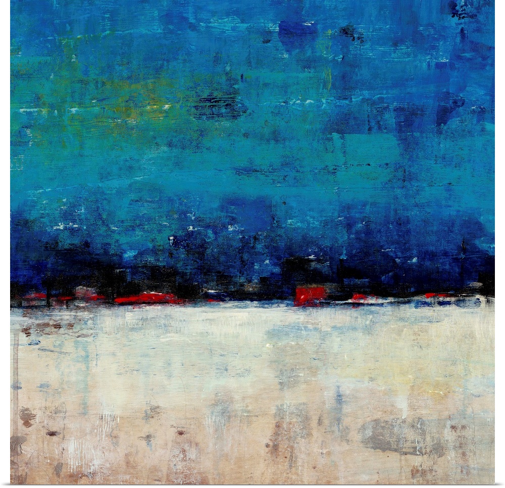 Contemporary abstract painting resembling a white landscape under a deep blue sky.