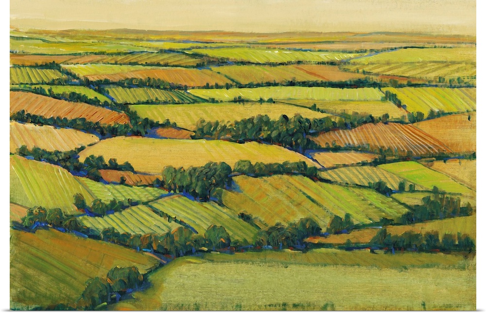 Contemporary landscape painting of verdant farm fields.