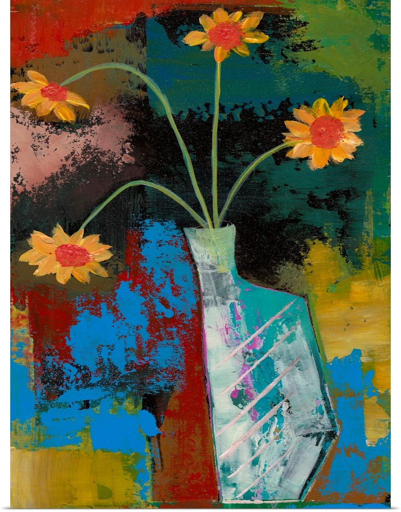 A painting of a vase holding flowers against an abstract background.
