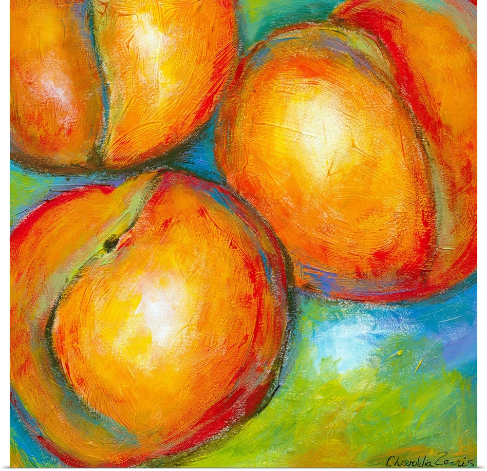 A close up painting of three peaches painted with loose, impressionistic strokes in this contemporary square painting.
