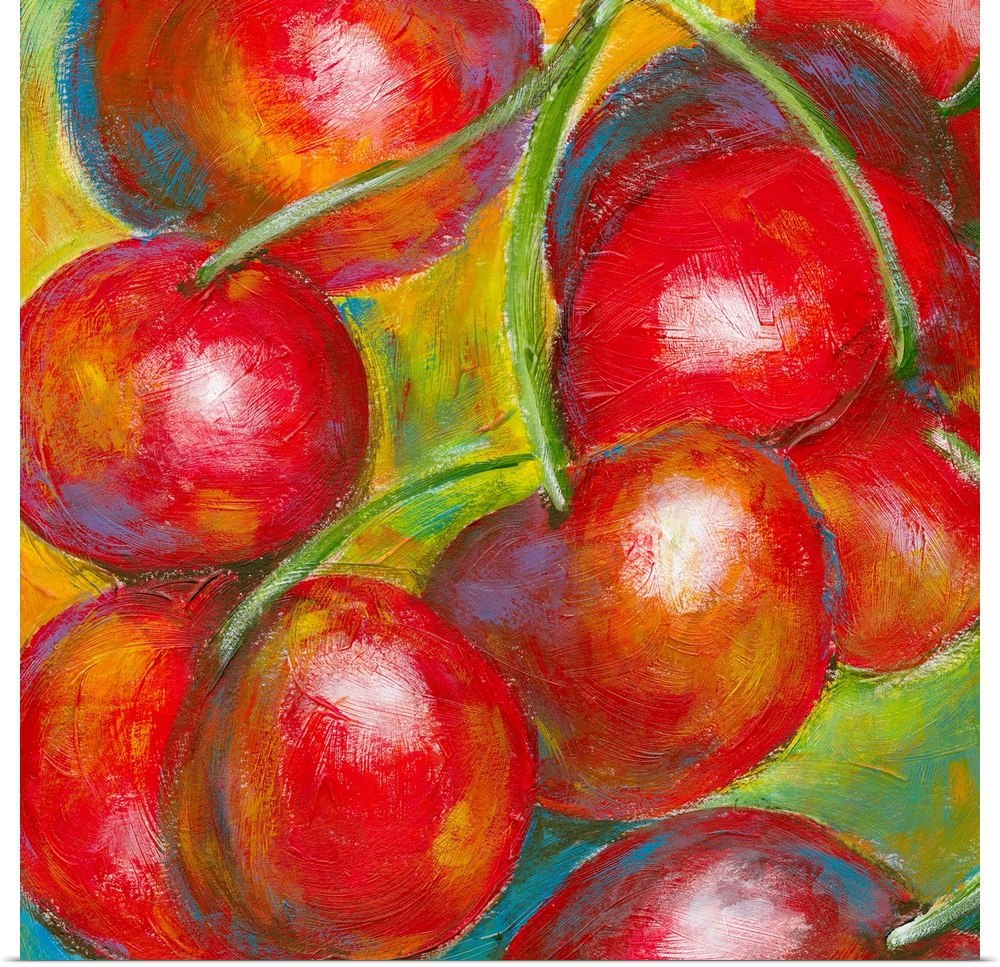 Food painting of plump red cherries bunched together with long green stems.