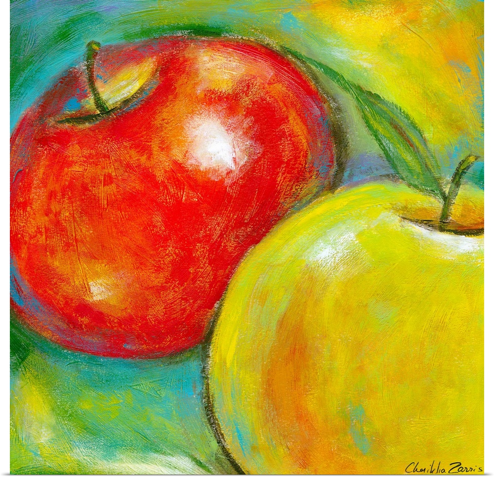 Giant contemporary art includes a close-up of two apples placed in front of a background incorporating a mixture of simila...