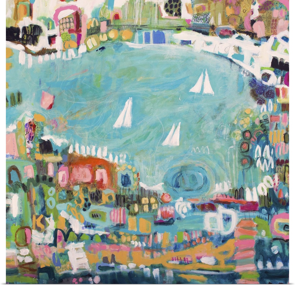 Contemporary painting of an aerial view of a coastal town with sailboats in the bay.