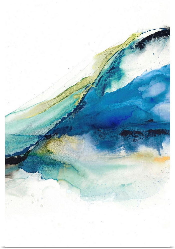 Vertical abstract painting with colors melting together in shades of blue, green, and orange.