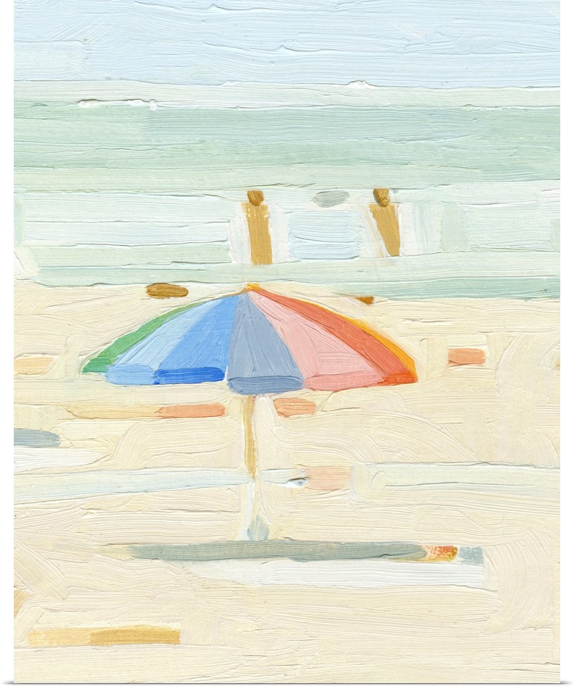 A contemporary acrylic painting of a single colorful beach umbrella, painted in a very abstracted style with thick brush s...