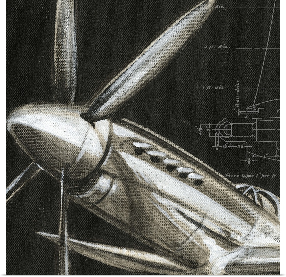 A contemporary painting of a close-up view of a vintage airplane propeller.