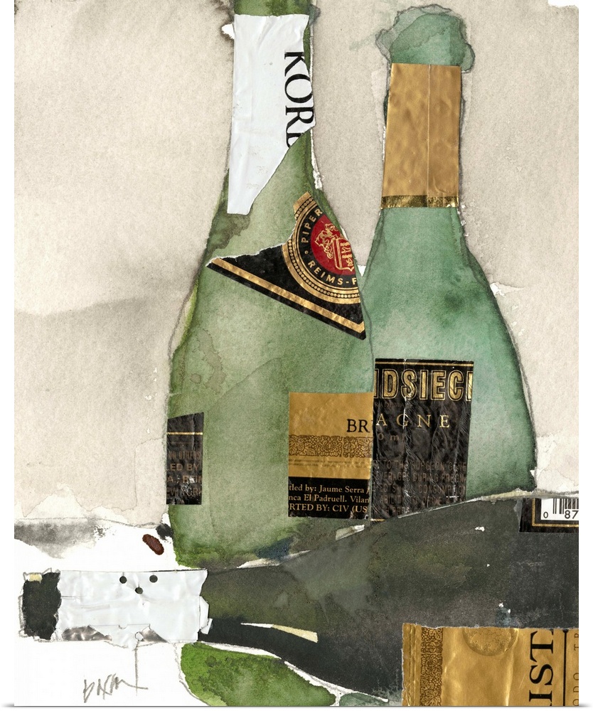 Watercolor painting of two champagne bottles, embellished with foil.