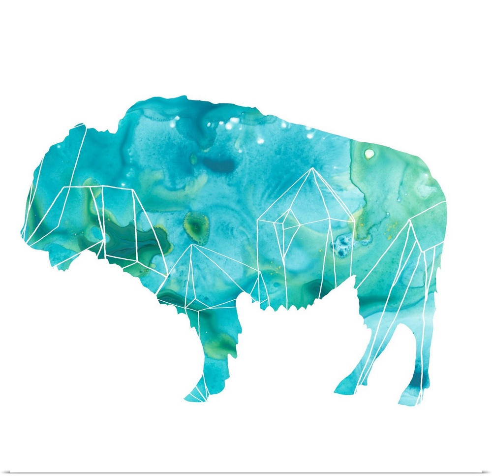 Contemporary silhouette of a bison filled with an agate-like pattern in blue and green.