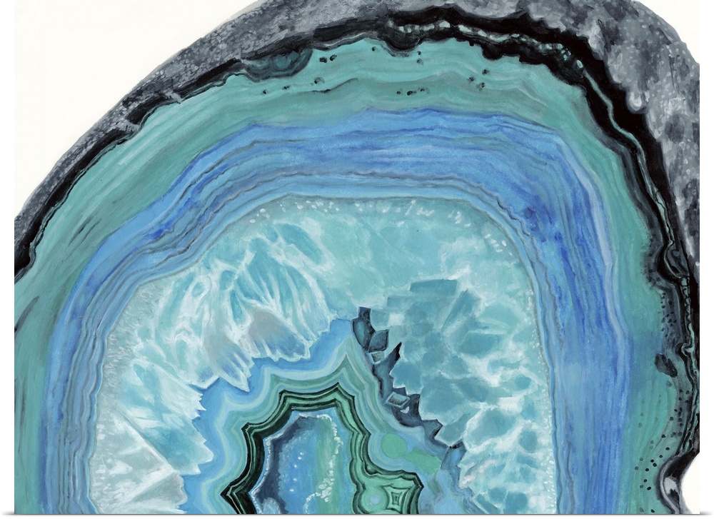 Contemporary painting of a cross section of mineral agate in bright blue.