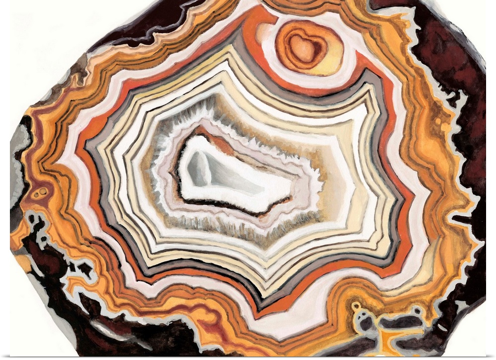 Contemporary painting of a cross section of mineral agate in bright orange.
