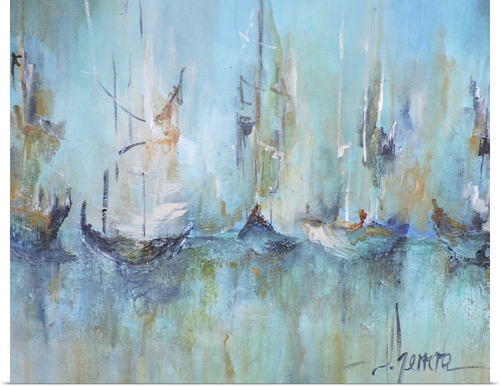 Contemporary painting of a fleet of sailboats in turquoise water.