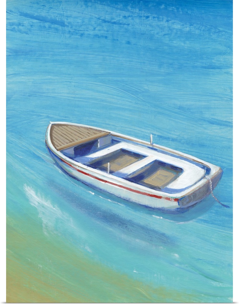 A quaint, little white and red boat anchored in brilliant, calm blue water.
