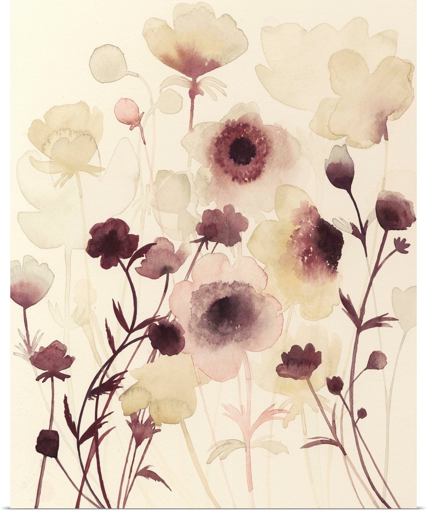 Contemporary watercolor painting of  soft dark purple flowers against a cream background.