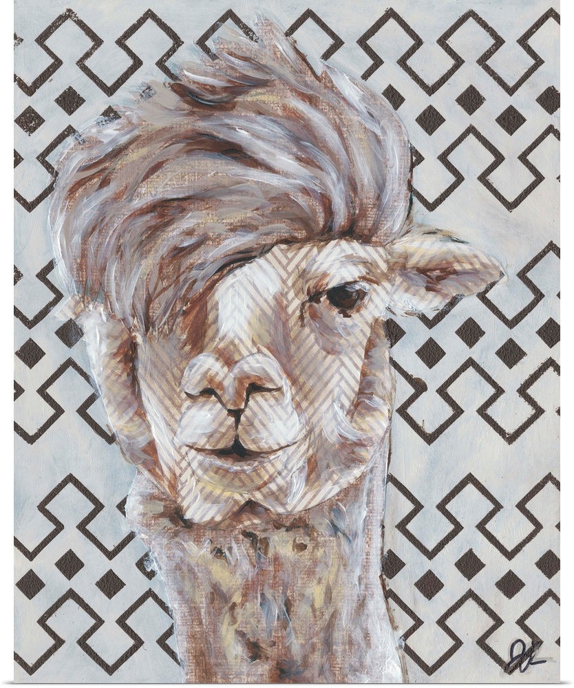 An engaging portrait of a llama with light gray lines on it's face and a gray and metallic gold patterned background.
