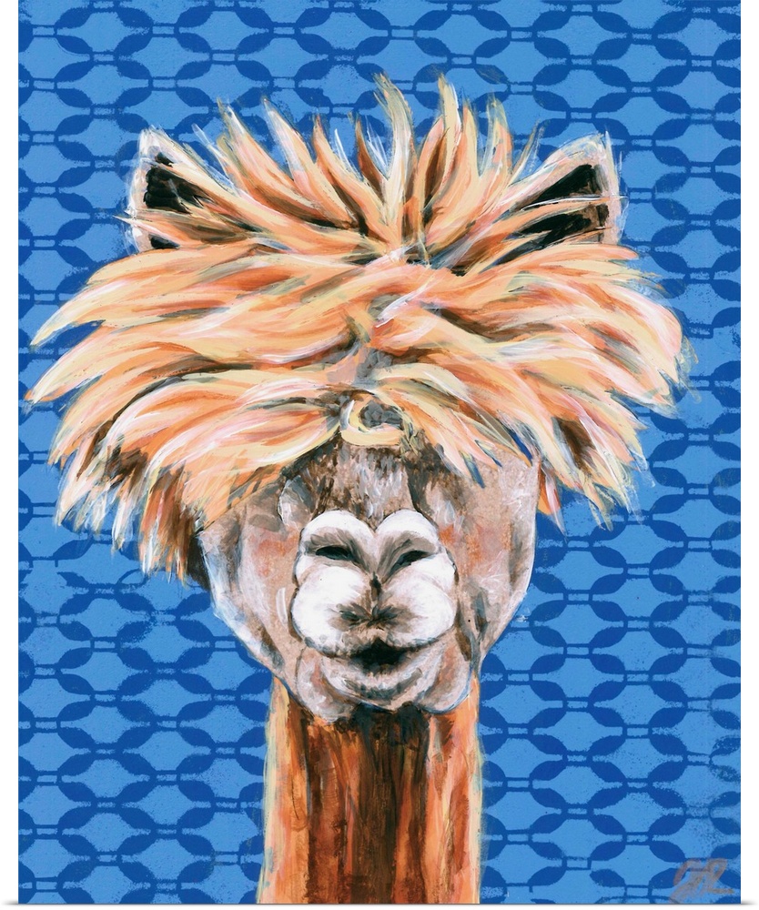 A engaging portrait of a llama with a blue patterned background.