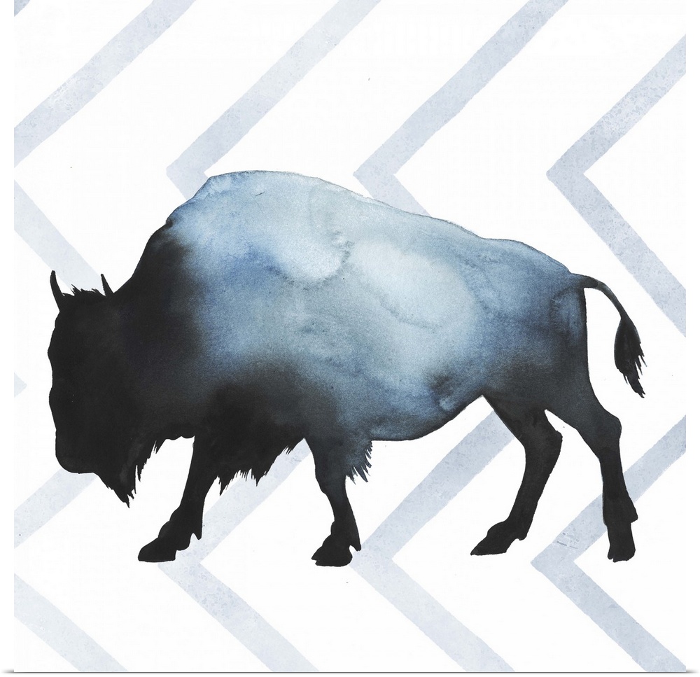Watercolor bison silhouette on a grey geometric background.