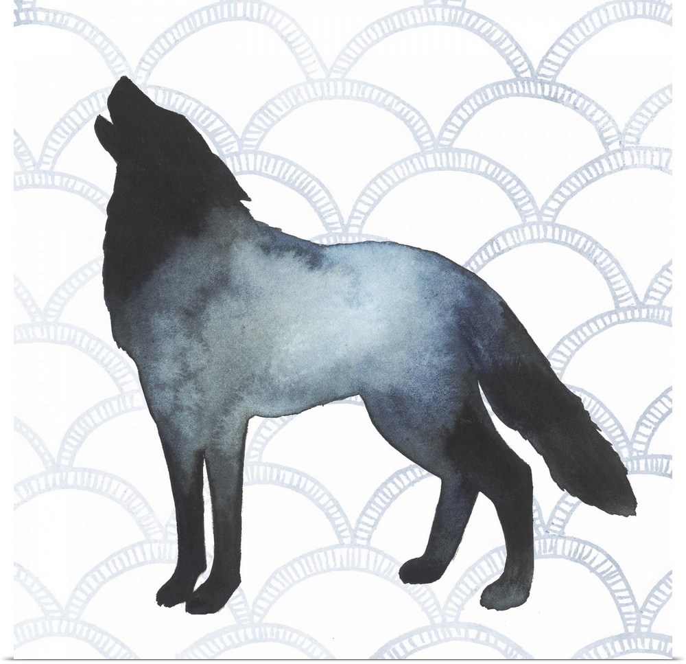 Watercolor wolf silhouette on a grey geometric background.