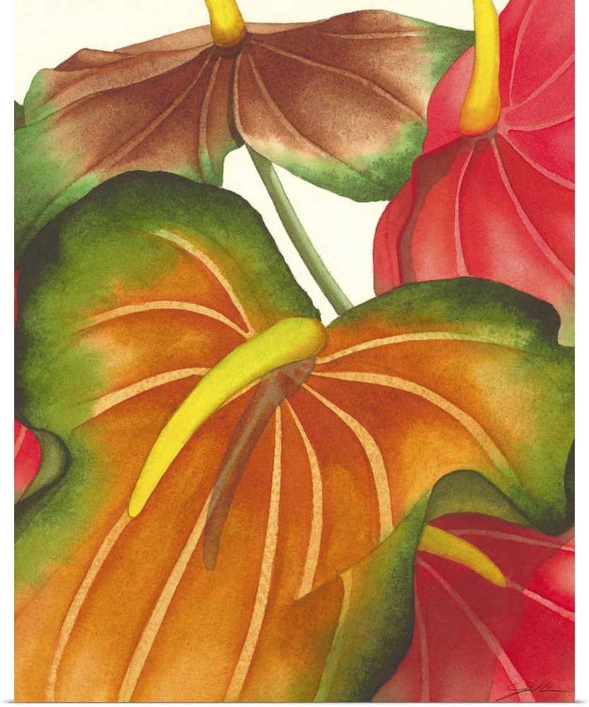 A contemporary painting of colorful tropical plants.