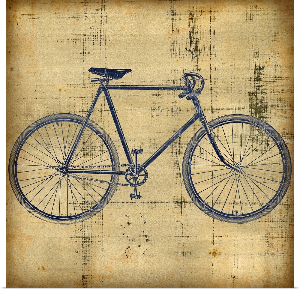 Square canvas painting of a bicycle on top of a grungy textured backdrop.